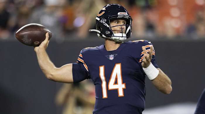 Bears quarterback Nathan Peterman throws a pass in a preseason game vs. the Chiefs.